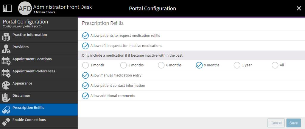 How to Get Here 18 Prescription Refills The Prescription Refills page allows Greenway Patient Portal Admin-role users to select whether to allow patients to request medication refills via the portal.