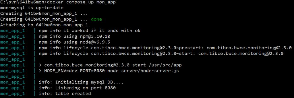 14 Using Docker Compose for PostgreSQL You can use Docker Compose to run monitoring application along with the PostgreSQL database on docker. 1. Navigate to the bwce_mon directory. 2.