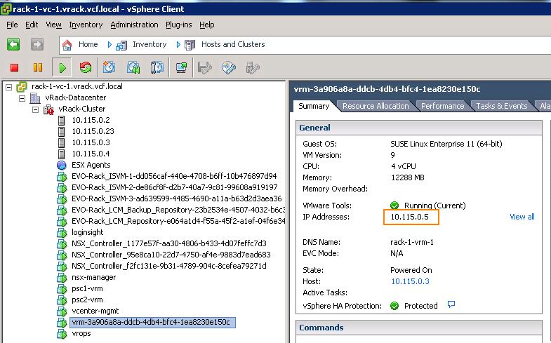 2 Retrieve the IP address of the SDDC Manager VM. a b c Log in to the vcenter Web Client. Click the SDDC Manager VM (displayed as vrm-uuid). The IP address is displayed on the right panel.