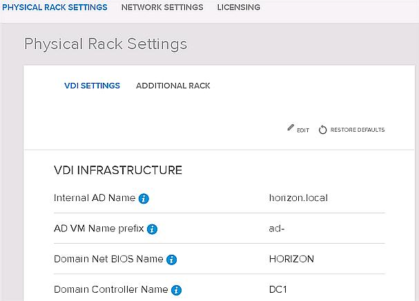 Settings Use the page to access screens in which you perform tasks that involve customizing VDI infrastructure settings, adding a new physical rack, working with network settings, and managing