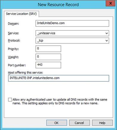 com, service as _uniteservice, protocol as_tcp, and port number as 443 and the