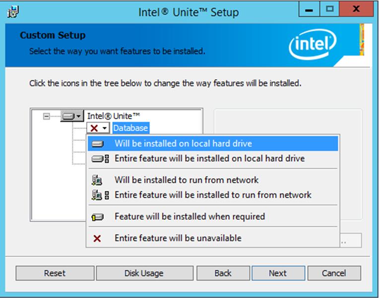 6. On the next screen, expand Intel Unite then Database and select Will be installed on local hard drive. 7.