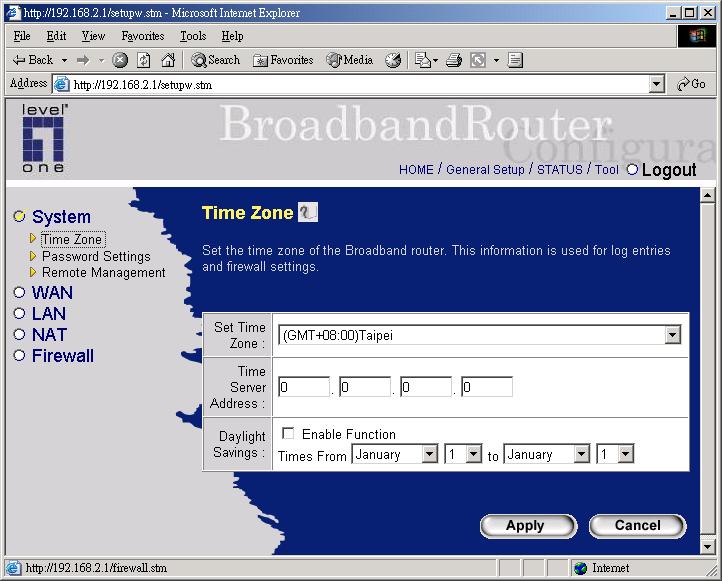 2.1.1 Time Zone The Time Zone allows your router to reference or base its time on the settings configured here, which will affect functions such as Log entries and Firewall settings.