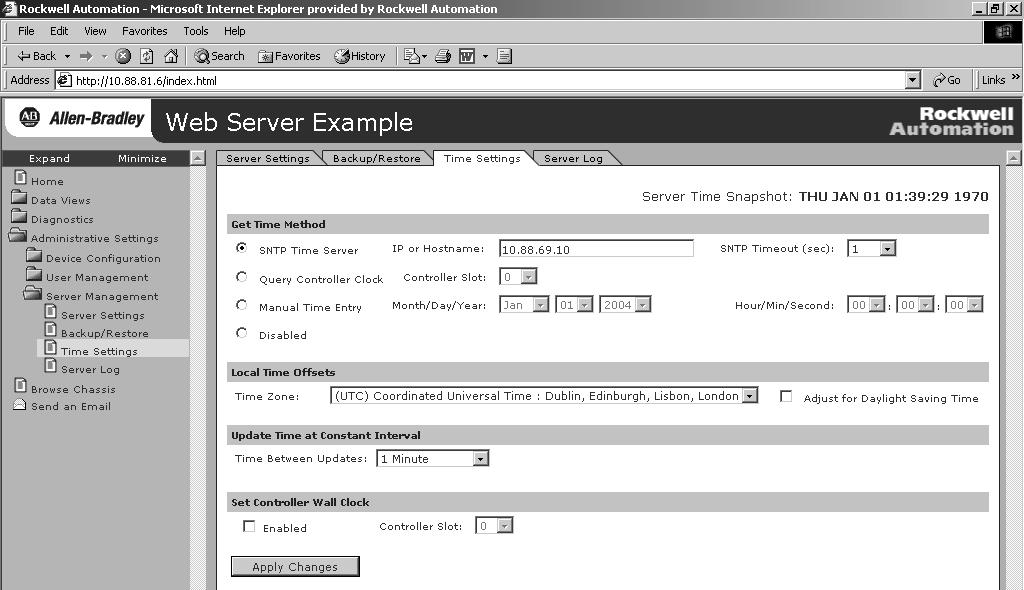 Managing Module Settings 3-7 Configure the time server The Administrative Settings Server Management Server Time Settings page lets you modify the internal clock in the web server module.