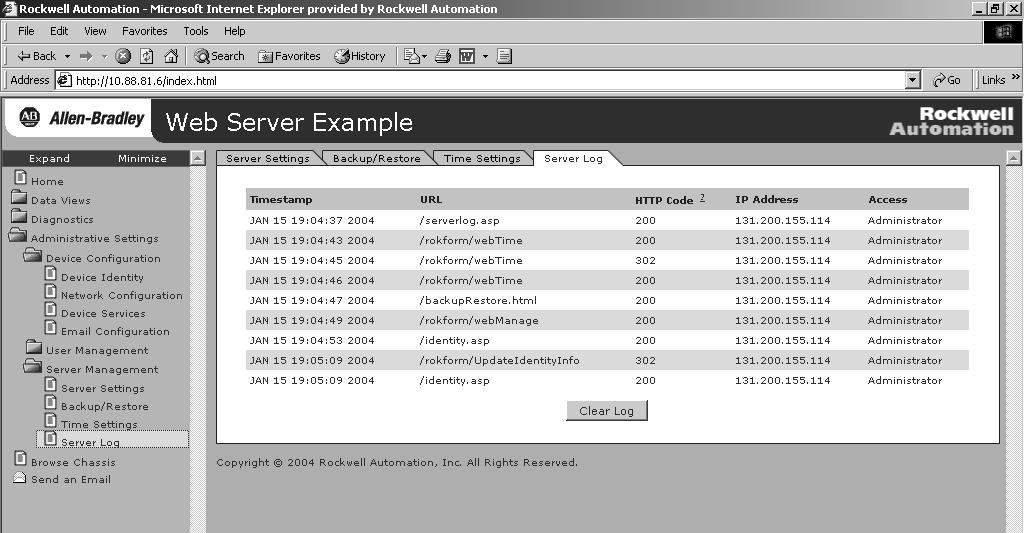3-8 Managing Module Settings Display the server log The Administrative Settings Server Management Server Server Log page, when enabled, displays records of web accesses to the web server module.