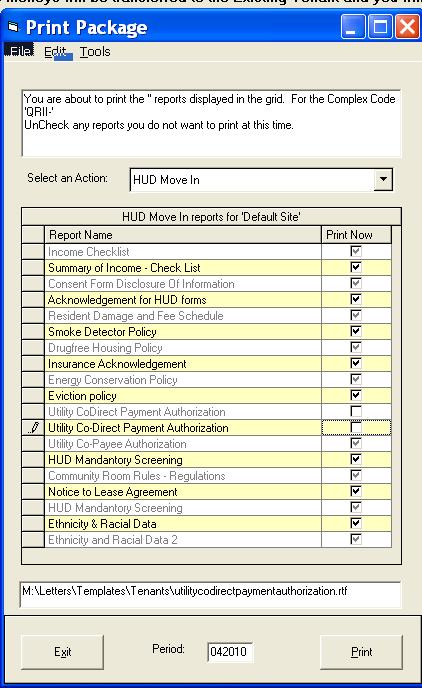 The Print Package opens. Choose HUD Move-In action from the dropdown list.