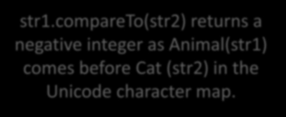 compareto: Example 3 String str1 = "Animal"; String str2 = "Cat"; str1.compareto(str2) returns a negative integer as Animal(str1) comes before Cat (str2) in the Unicode character map. if(str1.