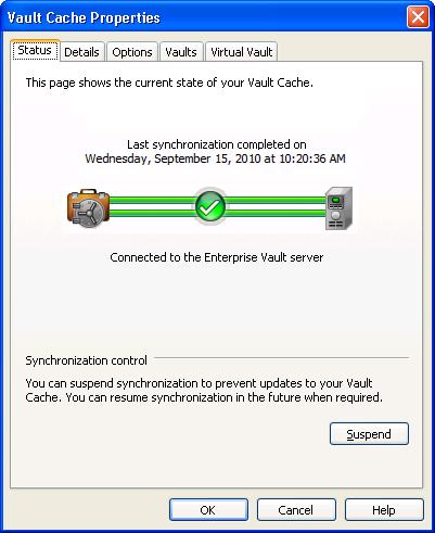 Managing Enterprise Vault archiving Synchronizing your Vault Cache 31 To suspend or resume synchronization 1 Click the File tab and then click Enterprise Vault. 2 Click Configure Vault Cache.