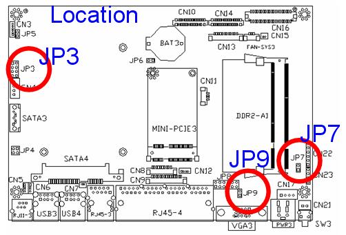 4.3.5 VGA Power Mode Setting Function JP9 (1-2) No Power +12V = Default 4.3.6 System Reset Setting Function JP7 (1-2) Normal Reset = Default 4.3.7 Boot Display Device Setting Function JP3 (1-2) (3-4)