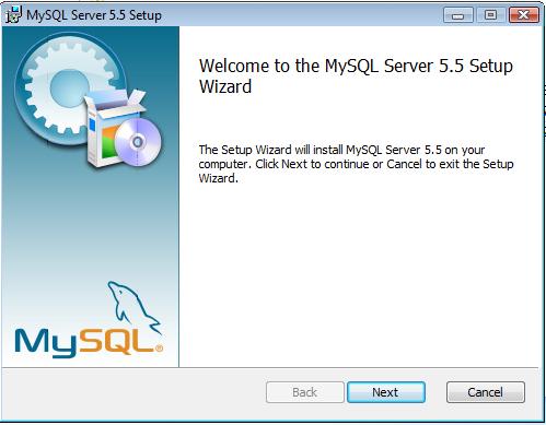 Part 10 - Installing MySQL 5.5.46 1. From C:\Software, launch mysql-5.5.46-win32.msi The Setup Wizard window will launch.