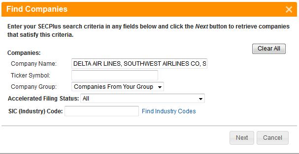 On the Search Selected SEC Filings screen, you can type one or more keywords and select a specific form (Form 0-K, 0-Q or 8-K for example).