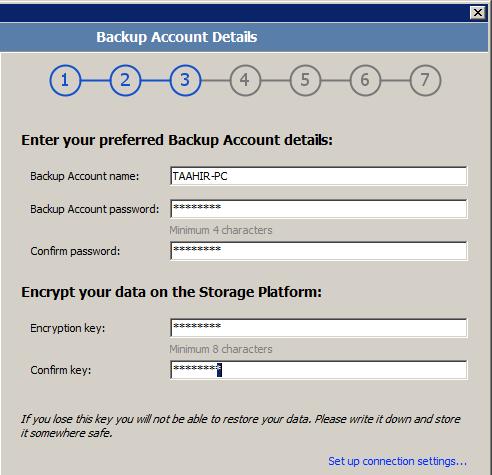 To connect to an existing Backup Account: Note: You can select I want to connect to an existing Backup Account to: Connect to an Account that has been opened for use by this computer.