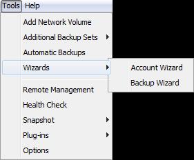 Option Click the option to... Wizards > Account Wizard Launch the Account Wizard, which is a standalone wizard that enables you to change your Backup Account settings.