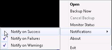 Options Click the option to... Removes the icon from the System Tray. Exit Note: This will not stop the Backup Pro service from running scheduled backups.