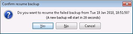 If, however, the previous backup was not successful and a manual backup is initiated, the Backup Client will display the prompt: Do you want to resume the failed backup.