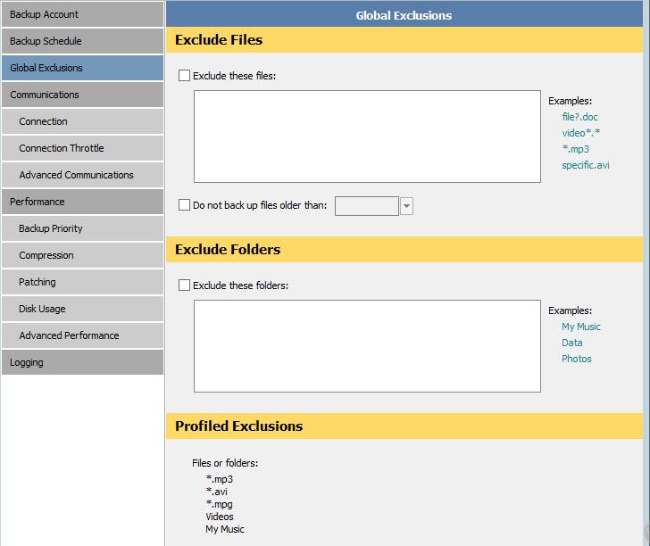 The Global Exclusions page in the Options and Settings dialog box consists of the following areas: Exclude Files Exclude Folders Profiled Exclusions Exclude Files area In this area, you can specify