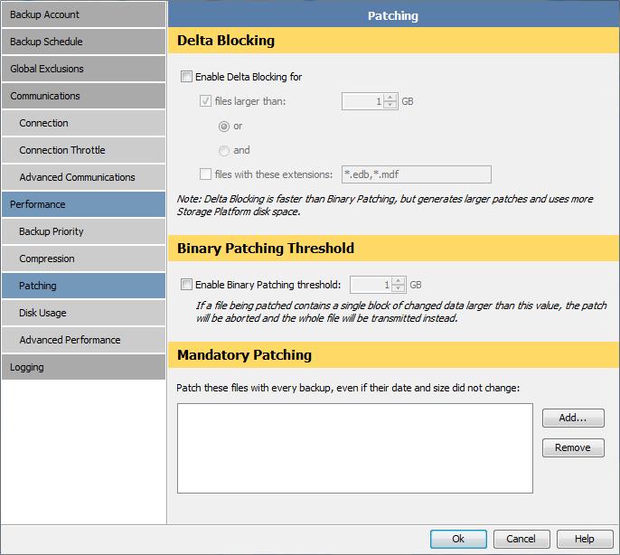 The Patching page in the Options and Settings dialog box consists of the following areas: Delta Blocking Binary Patching Threshold Mandatory Patching Delta Blocking area Delta Blocking is an