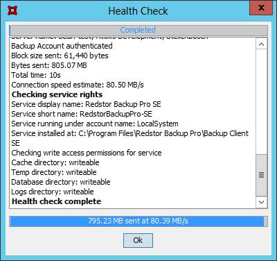 4. When the message: Health check complete displays, click OK. The Health Check results display in a new dialog box with options to print, export to HTML and export to CSV.