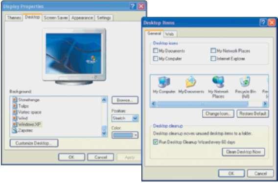 Windows XP Display Properties window lets you change