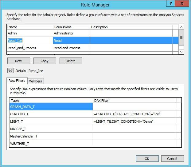 3. In the DAX Filter area for the LIGHT_T table enter: =LIGHT[LIGHT_CONDITION]="Dawn" 4. Deploy the model and review the results in SQL Server Management Studio. How it works.