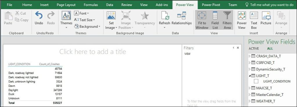 6. A new Power View1 worksheet is opened in Excel with connections to the data in the tabular model. 7.