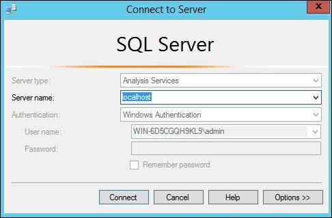 This recipe shows you how to connect to the model and explore dimensions and measures. 1. Open SQL Server Management Studio and select Analysis Services.