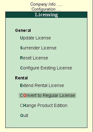 Rental Licensing The Licensing menu appears as shown: