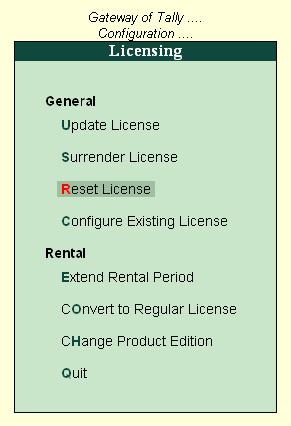 Lesson 11: Reset License 11.1 Reset License This option enables you to remove all licensing data from the computers. This will bring the user s computer to a state, where Tally.