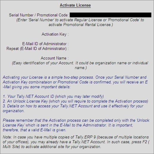 Activating Tally.ERP 9 Single Site The Activate License form appears as shown: Figure 2.