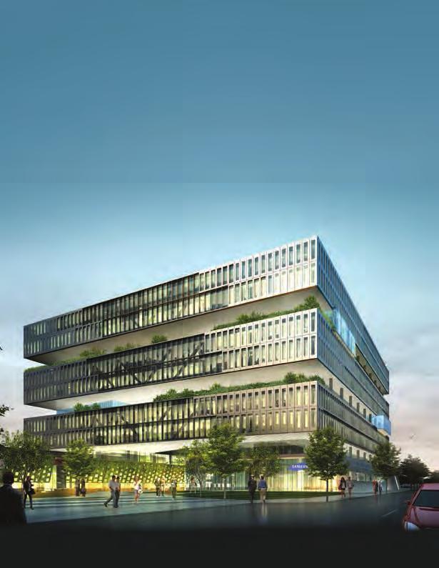 LOOKING AHEAD TO 2015_ Located at the same site as our previous two-story facility, Samsung is blazing new directions with a new signature Garden Synergy Twin Towers headquarters that is optimized to