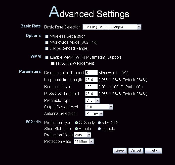 Wireless Access Point User Guide Advanced Settings Clicking the Advanced link on the menu will result in a screen like the following.