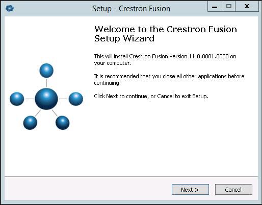 When the Welcome to the Crestron Fusion Setup Wizard window opens (after a short delay), review the instructions on the screen.