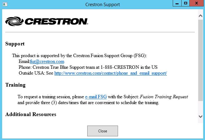 Summary Window From the About section, the user can view information such as how to contact Crestron support and import configuration data.