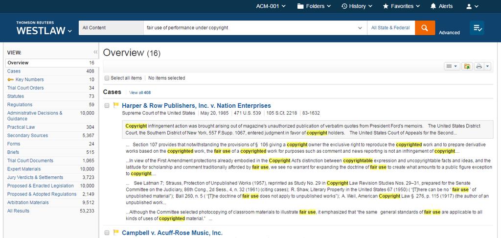 Refining Search Results After running a descriptive terms or Boolean Terms and Connectors search from the Westlaw homepage, the search result Overview page is displayed, which lists the documents