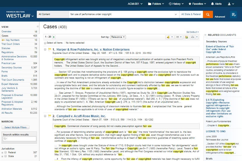 Refining Search Results (continued) From the Overview page, click a content category and you will see that Westlaw provides tools to help you further refine your search.
