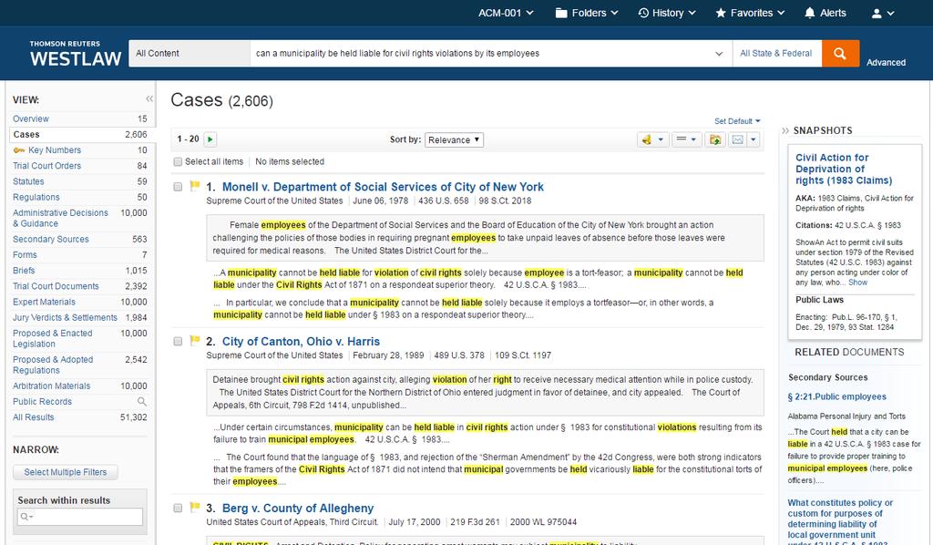 Researching a Legal Issue When you run a search, you search all of the core legal content on Westlaw by default.