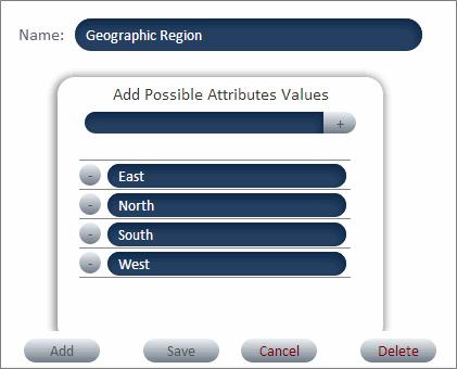 In the Attributes tab, name and enter values in the Add Possible Attribute Values field.