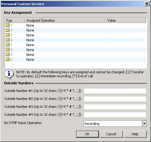 2.1 Mailbox Settings Key Assignment 1. Select the desired key. 2. Assign the operation in Assigned Operation and enter the setting in Value according to the operation. Outside Numbers 1.