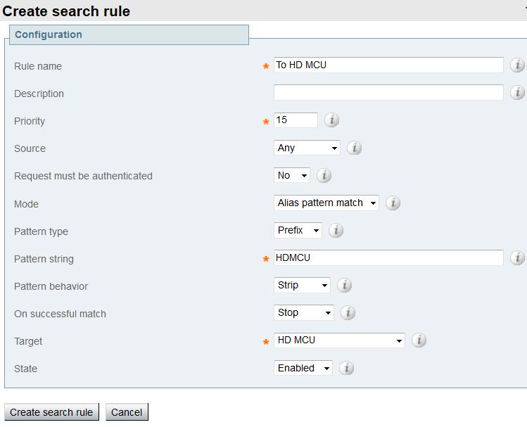 Configuring the Cisco VCS Step 4: Configuring a VCS search rule for each conference bridge To configure the Search rule: 1. Go to the Search rules page (VCS configuration > Dial plans > Search rules).