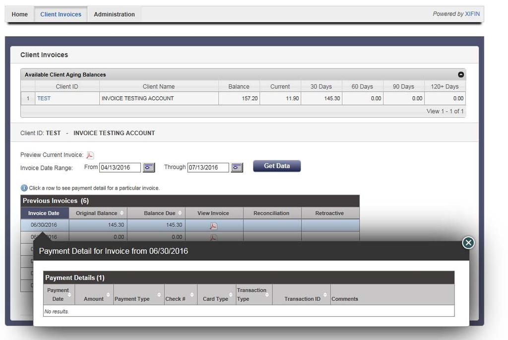 Click a row to see payment detail for a particular invoice. The Payment Detail Invoice grid appears.