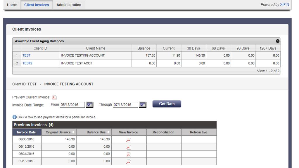 To view the invoices for a particular account, click on the hotlink for that