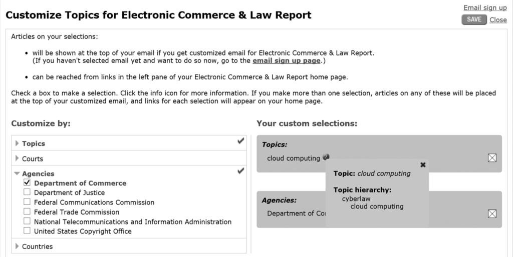 On the Customize Topics for Electronic Commerce & Law Report screen, choose from the listed topics, courts, agencies, and countries