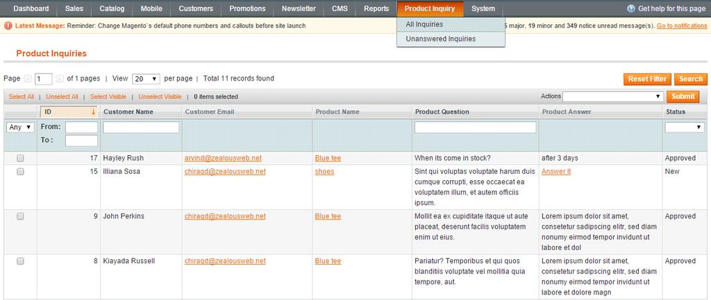 To Answer any of inquiry Click on Answer it button. You can see the form with detail about particular product inquiry.