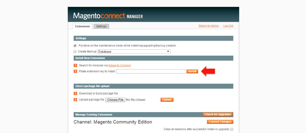 Magento Connect Manager form field below and then click on the Install button.