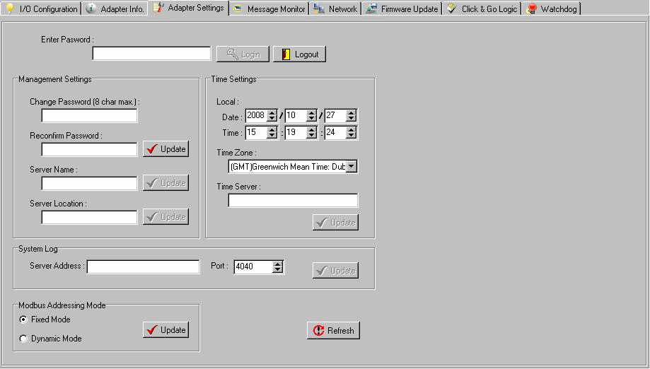 Utilities Adaptor Settings Tab (Administrator) There are five parts in this TAB: Password, Management Settings, Time settings, System Log, and Modbus Address Mode.