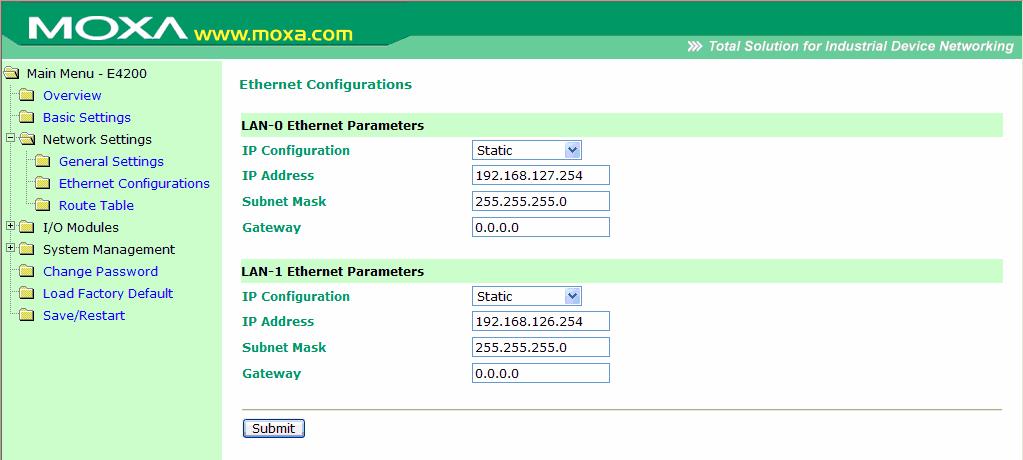 Using the Built-in Web Console Ethernet Configuration On the Ethernet Configuration page, you may set up a