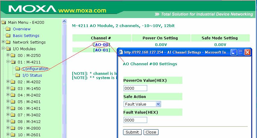 Using the Built-in Web Console I/O Module On this page, you can find the modules you installed in this I/O system. They are displayed in sequence according to the module Name you installed.