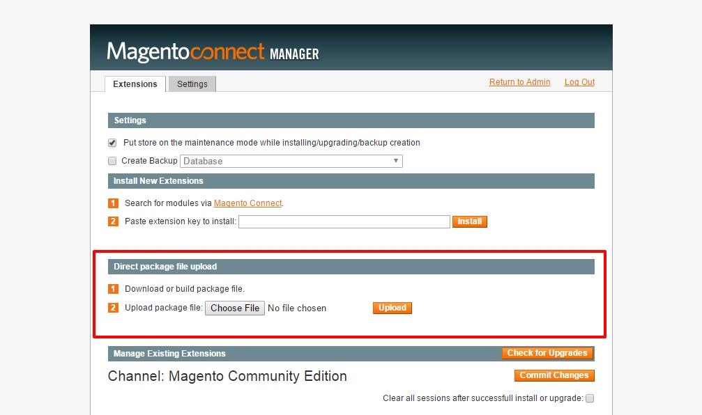 5) Upload package file "Magexweb_Advfaq-1.0.0.tgz" and click on Upload button. Note : Before click on upload button make sure to get backup of your website or database.