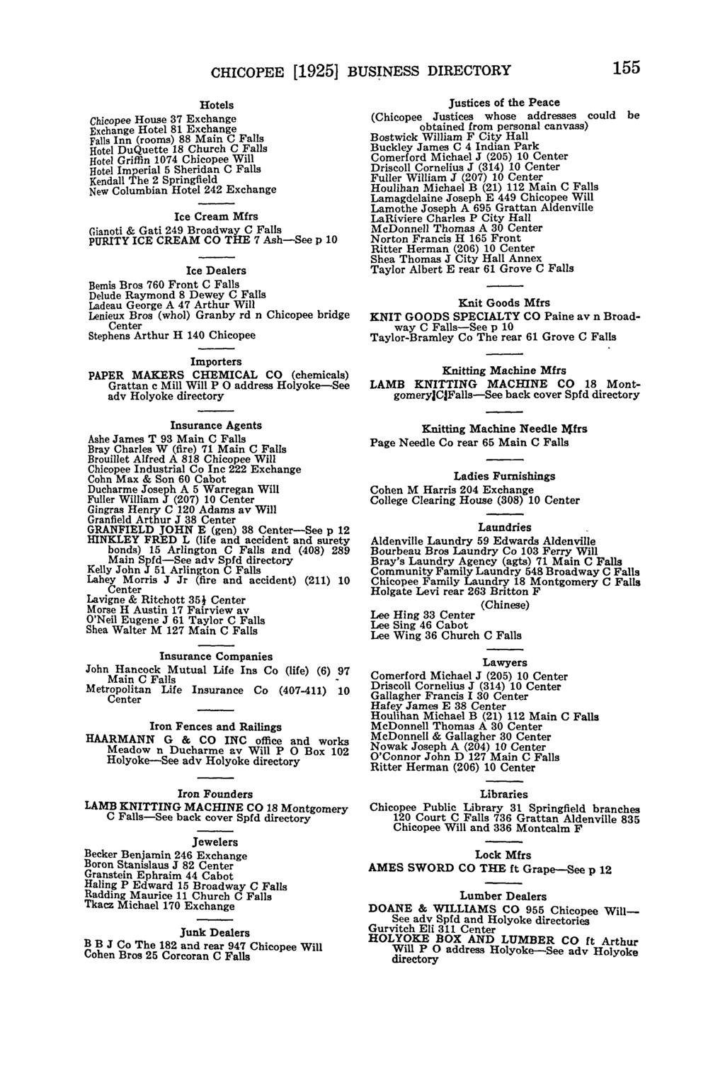 CHICOPEE [1925] BUS~NESS DIRECTORY 155 Hotels Chicopee House 37 Exchange Exchange Hotel 81 Exchange Inn (rooms) 88 Main Hotel DuQuette 18 Church Hotel Griffin 1074 Chicopee Hotel Imperial 5 Sheridan