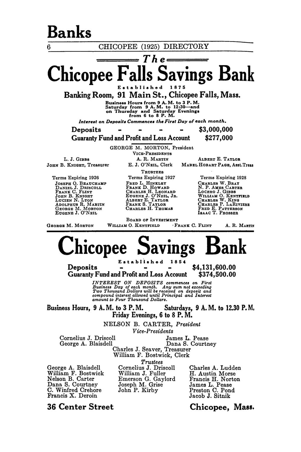 Banks 6 CHICOPEE (1925) DIRECTORY The===- Chicopee Savings Bank Established 1875 Banking Room, 91 Main St., Chicopee, Mass. Bu.ine.s Hour. from 9 A. M. to 3 P. M. Saturday from 9 A. M. to 12:3G-and on Thursday and Saturday Evenin".